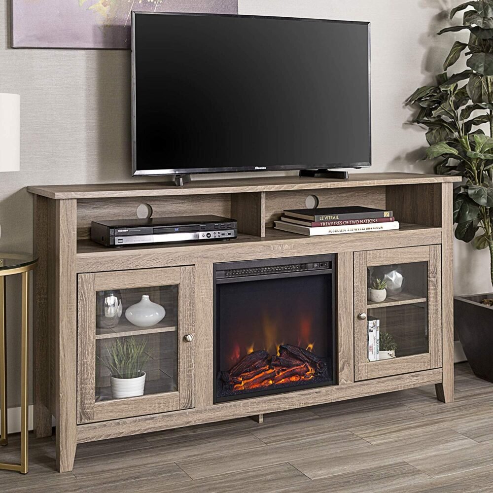 WE Furniture 58" Wood Highboy Fireplace Media TV Stand Console